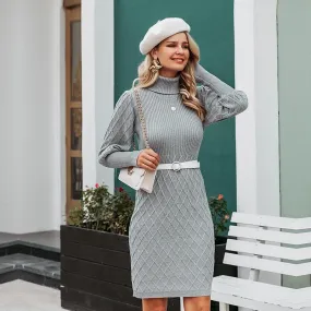 Turtleneck Long Cable Knitted Pullover Sweater Vintage Autumn Winter Lantern Sleeve Dress