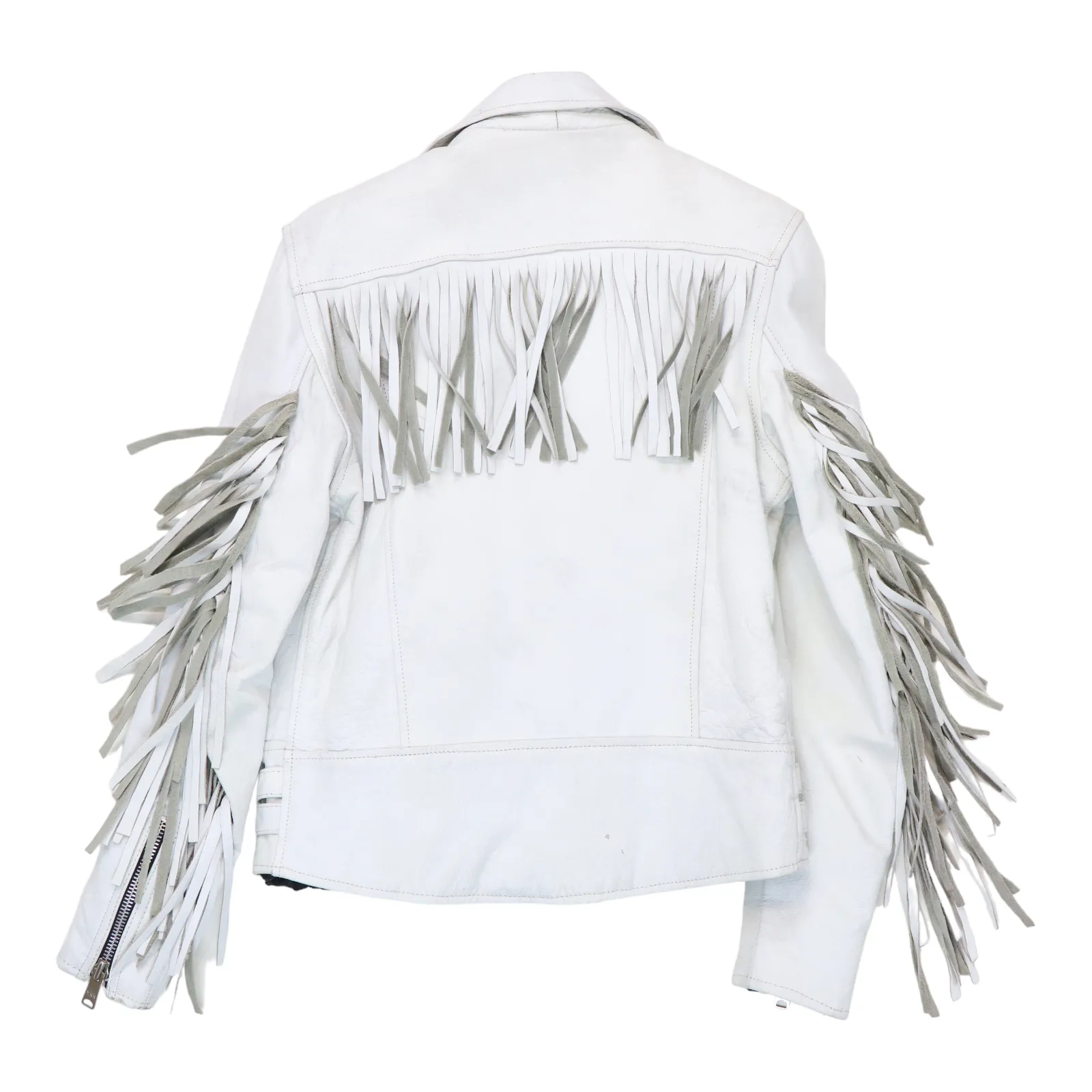 1980s White Leather w/Fringe Biker Jacket