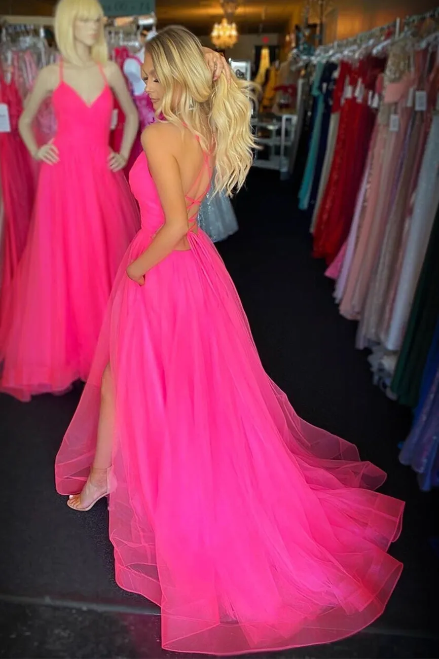 A Line V Neck Backless Hot Pink Long Prom Dress with Slit, Backless Hot Pink Formal Dress, Hot Pink Evening Dress