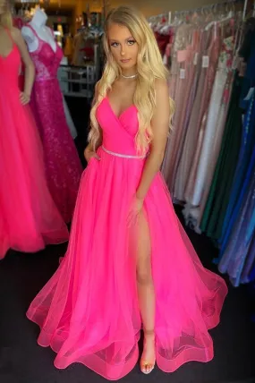 A Line V Neck Backless Hot Pink Long Prom Dress with Slit, Backless Hot Pink Formal Dress, Hot Pink Evening Dress