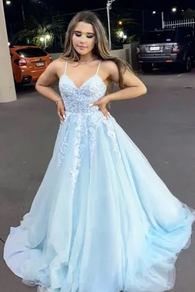 A Line V Neck Backless Light Blue Lace Long Prom Dress, Light Blue Lace Long Formal Evening Dress