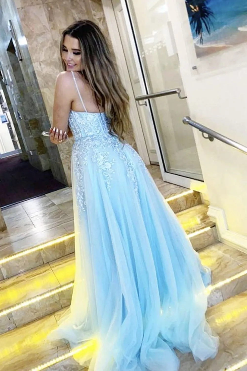 A Line V Neck Backless Light Blue Lace Long Prom Dress, Light Blue Lace Long Formal Evening Dress