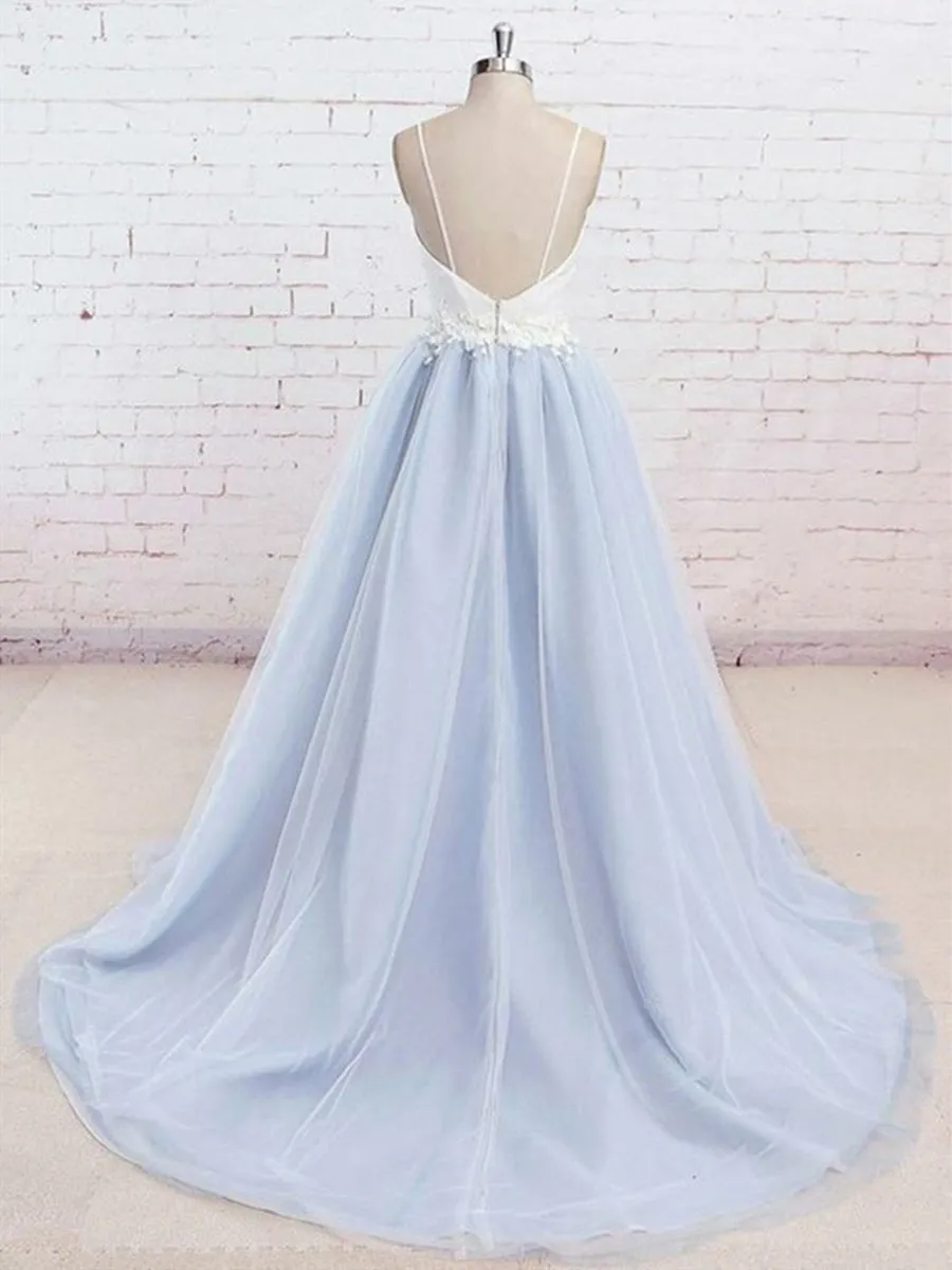 A Line V Neck Backless Light Blue Tulle Long Prom Dresses with White Lace Appliques, Light Blue Graduation Dresses, Light Blue Formal Evening Dresses