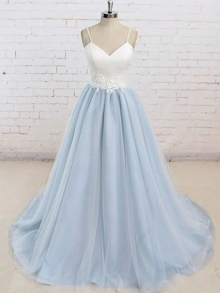 A Line V Neck Backless Light Blue Tulle Long Prom Dresses with White Lace Appliques, Light Blue Graduation Dresses, Light Blue Formal Evening Dresses