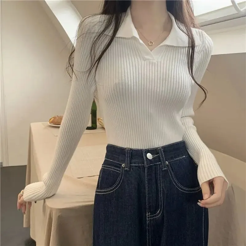 Aiertu FALL OUTFITS Knitted T Shirts For Women Clothes Streetwear High Quality Clothing Womens Polo Neck Tee Shirt Aesthetic Hot Top Vintage Striped