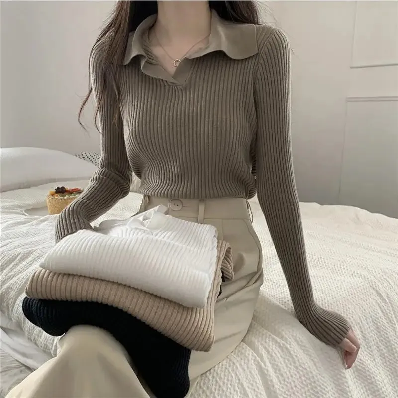 Aiertu FALL OUTFITS Knitted T Shirts For Women Clothes Streetwear High Quality Clothing Womens Polo Neck Tee Shirt Aesthetic Hot Top Vintage Striped