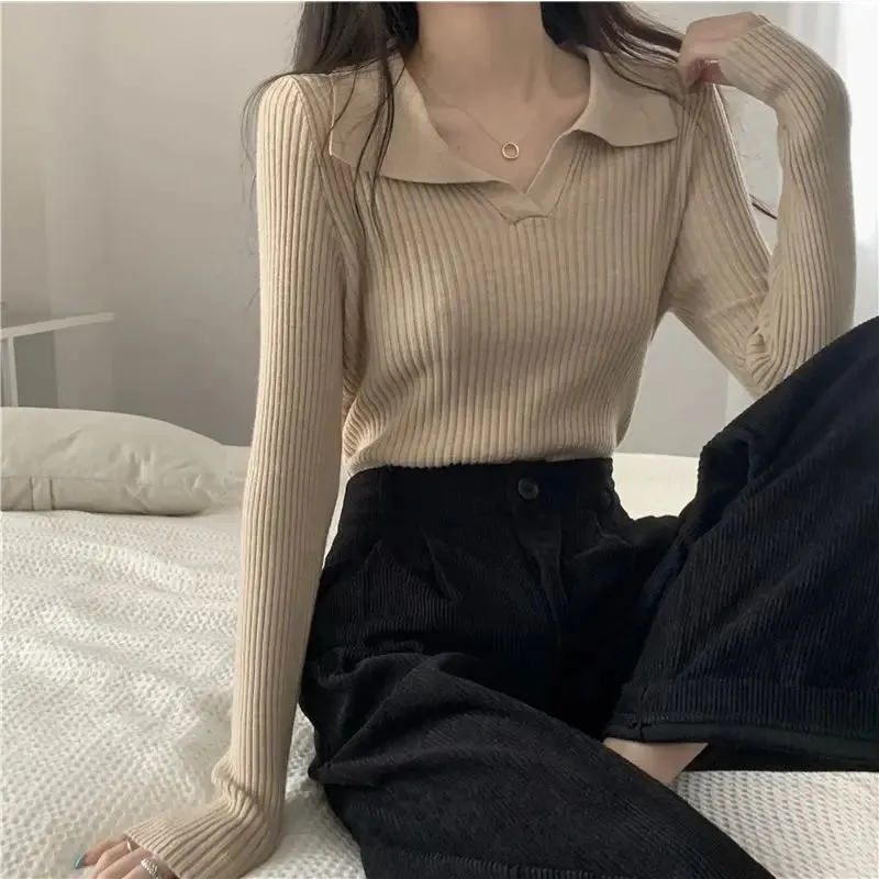 Aiertu FALL OUTFITS Knitted T Shirts For Women Clothes Streetwear High Quality Clothing Womens Polo Neck Tee Shirt Aesthetic Hot Top Vintage Striped