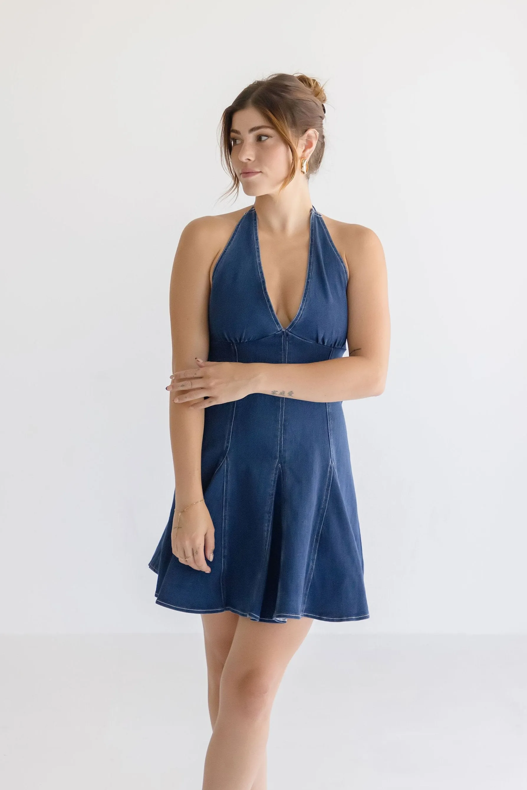 Anita Sleeveless Halter Denim Mini Dress Dark Wash