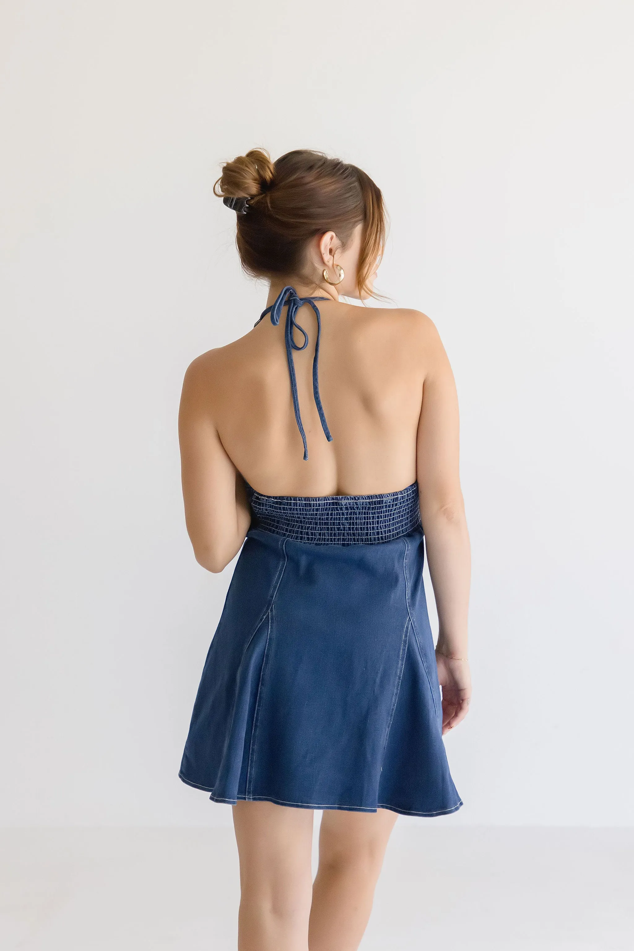 Anita Sleeveless Halter Denim Mini Dress Dark Wash