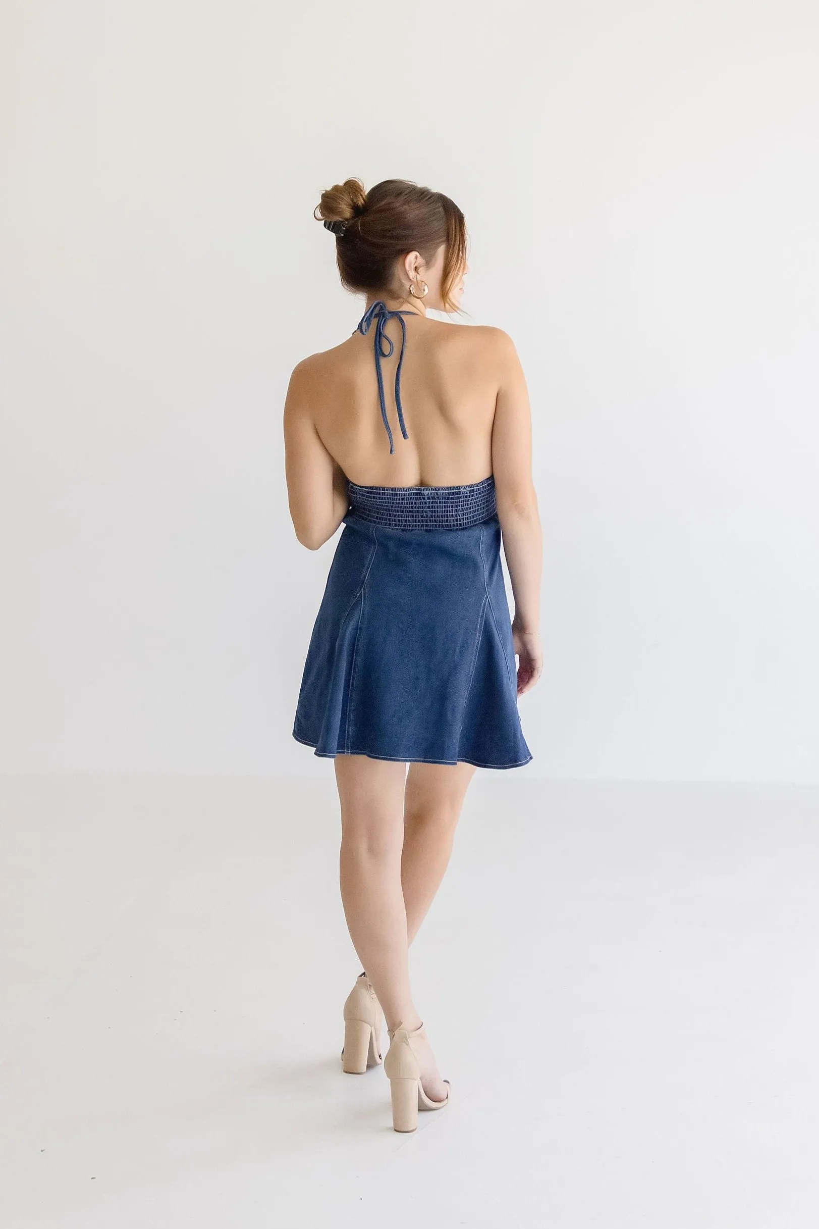 Anita Sleeveless Halter Denim Mini Dress Dark Wash