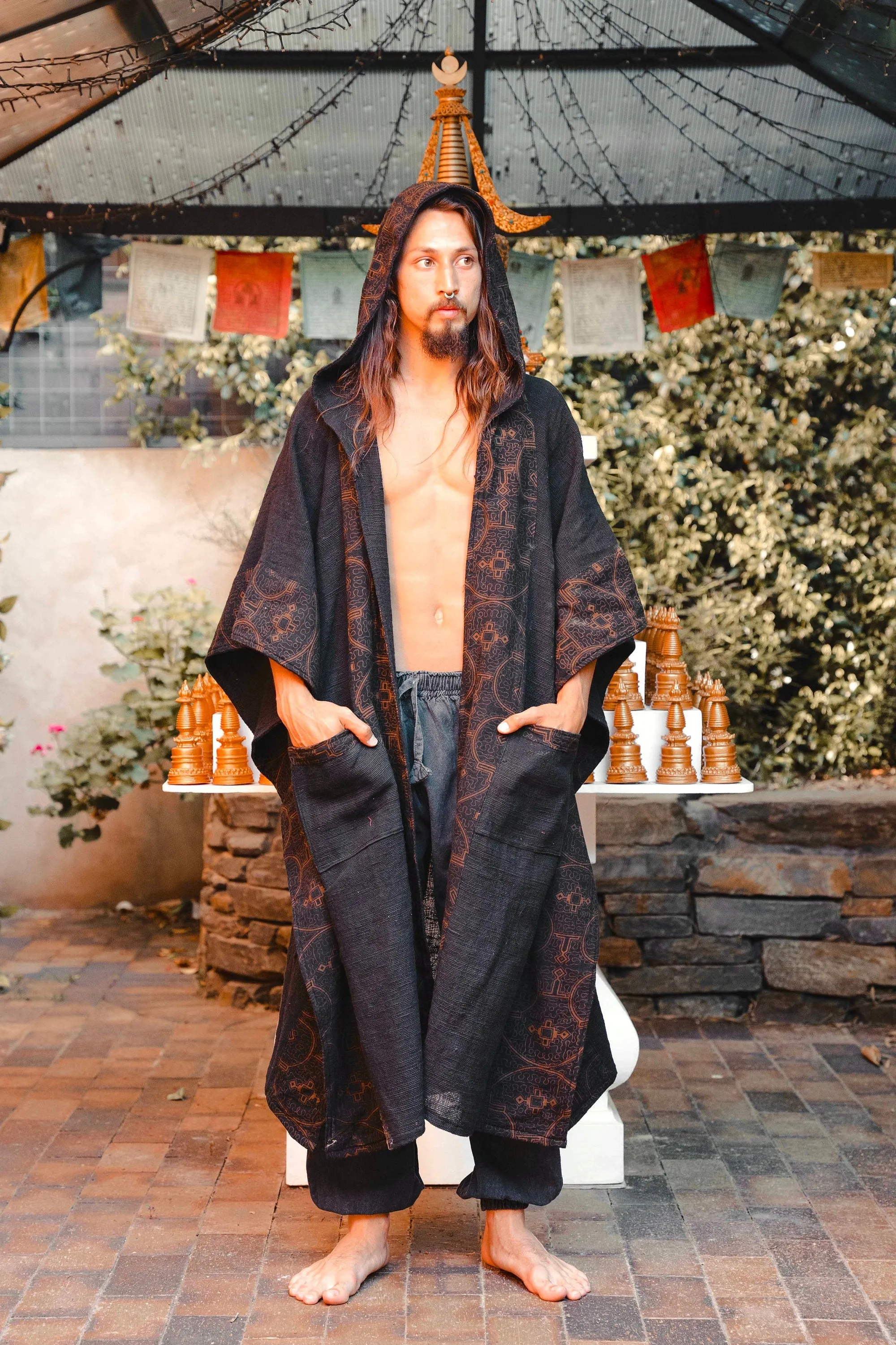 AYAWA Black Icaro Hooded Kimono Cape Poncho Robe Shipibo Sacred Patterns Ceremony Ritual Shaman Tribal Shawl Viking Festival Wrap AJJAYA