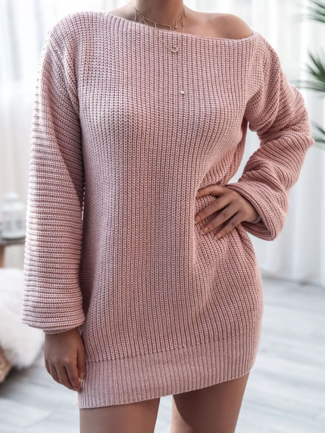 Balloon Sleeve Boat Neck Sweater Mini Dress