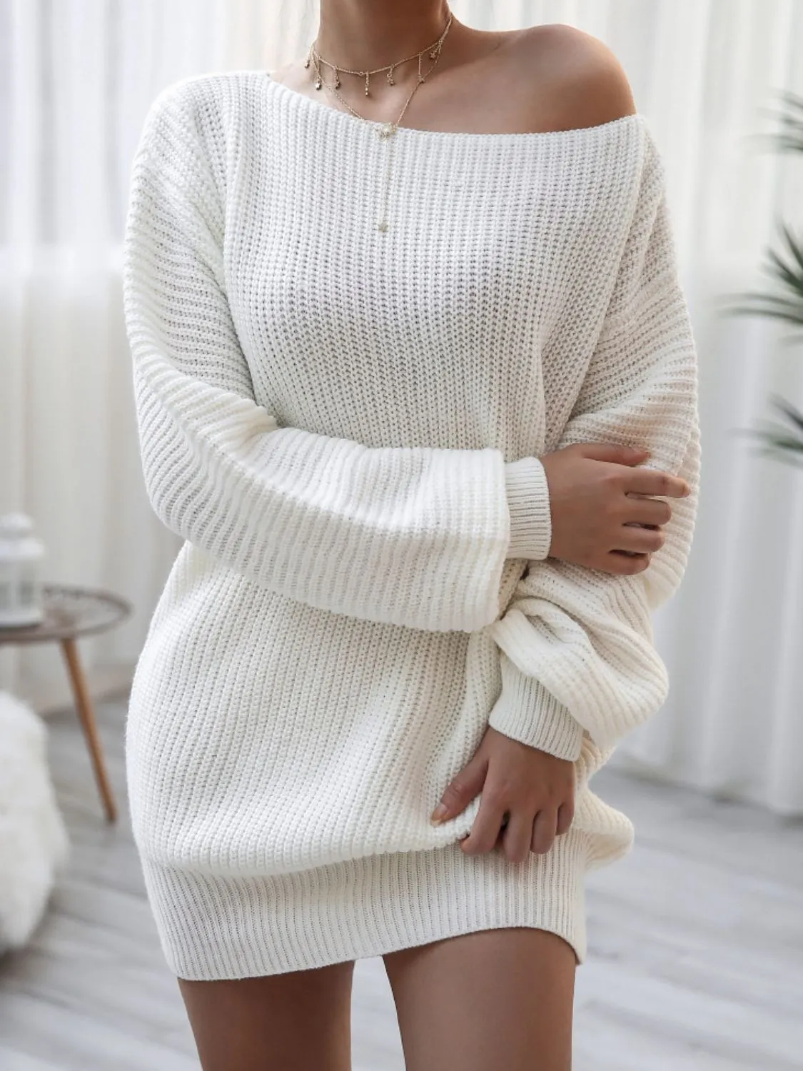 Balloon Sleeve Boat Neck Sweater Mini Dress