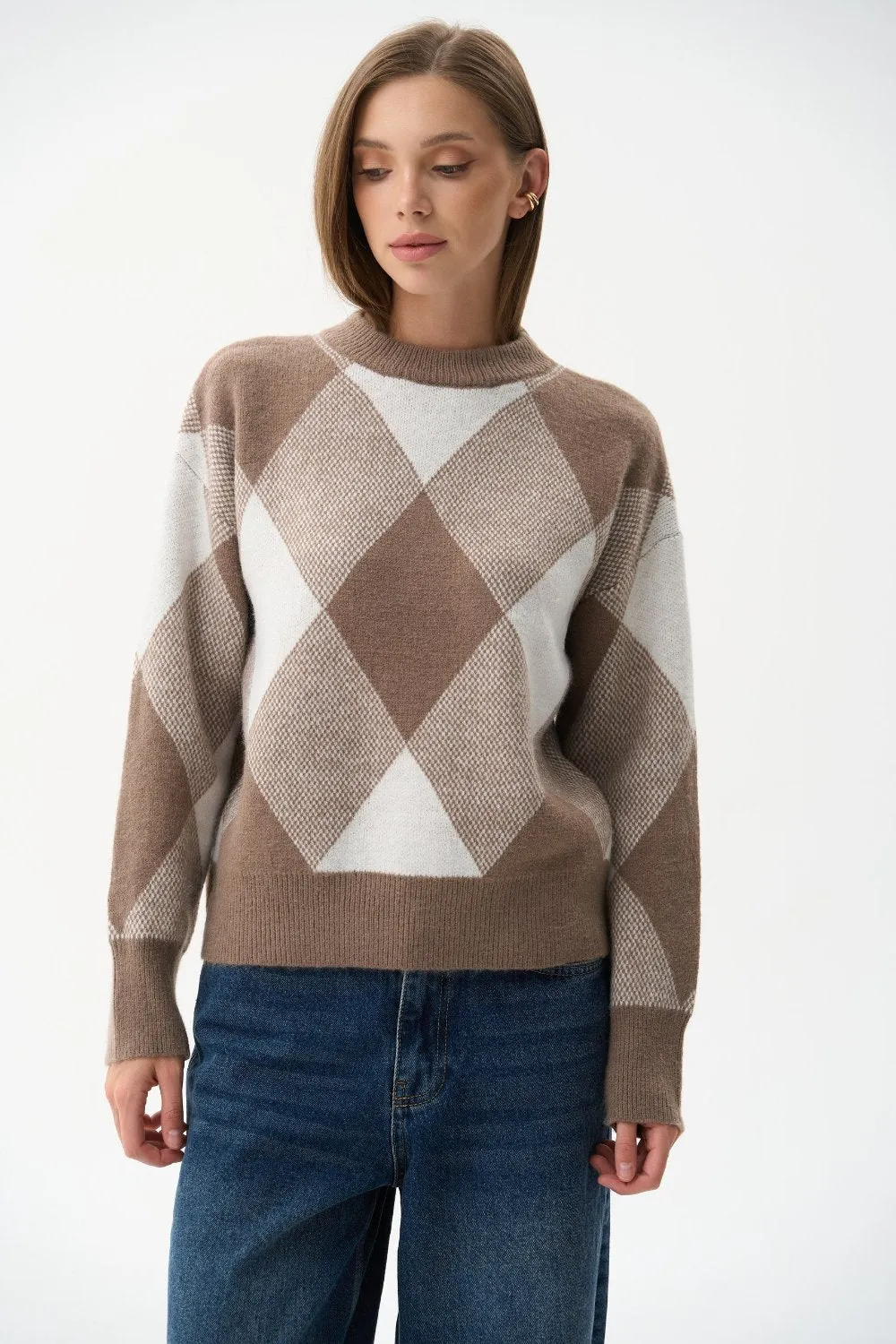 Beige Diamond Pattern Knit Sweater