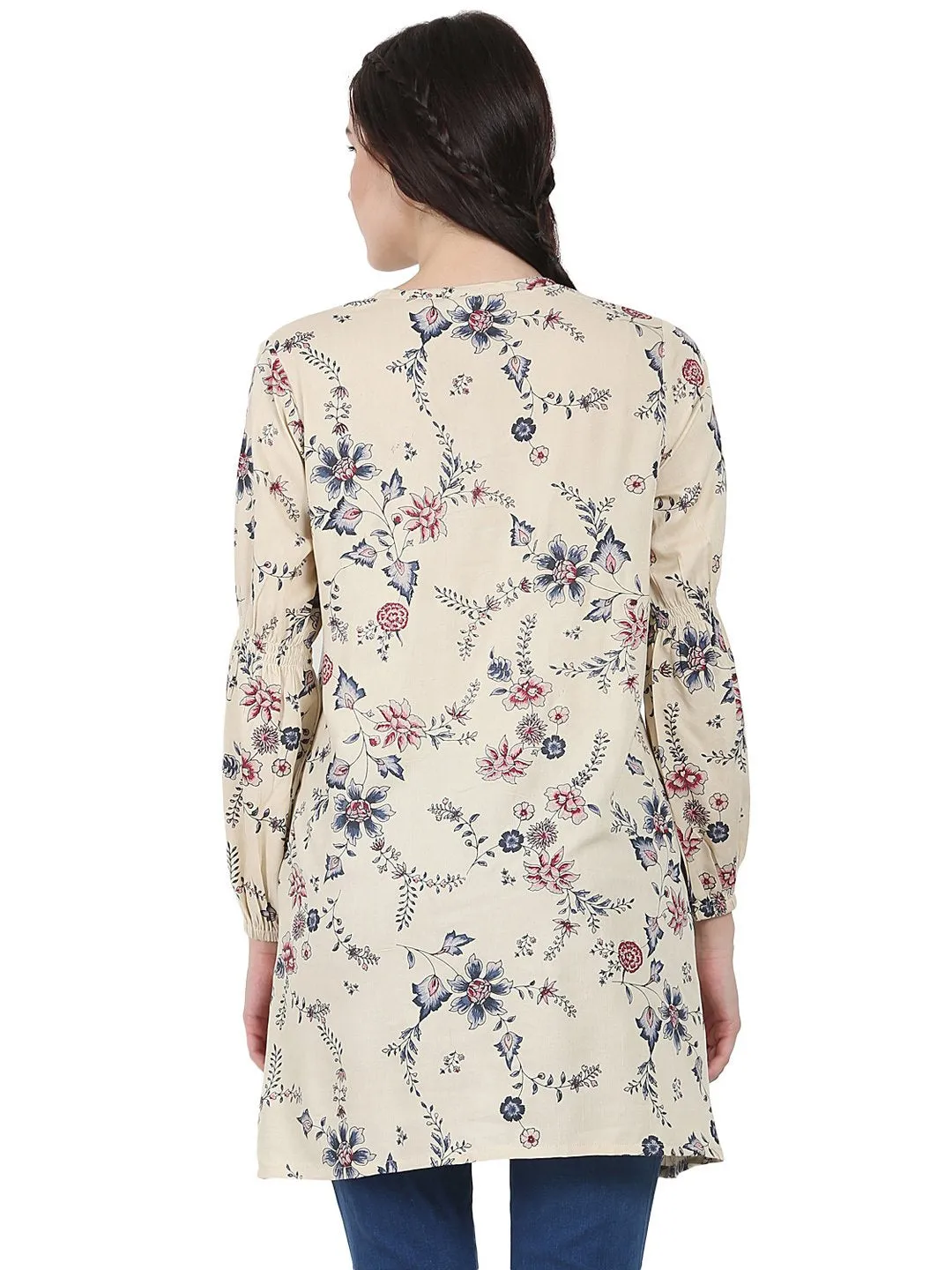 Beige Printed Full Sleeve Rayon Low High Tunic