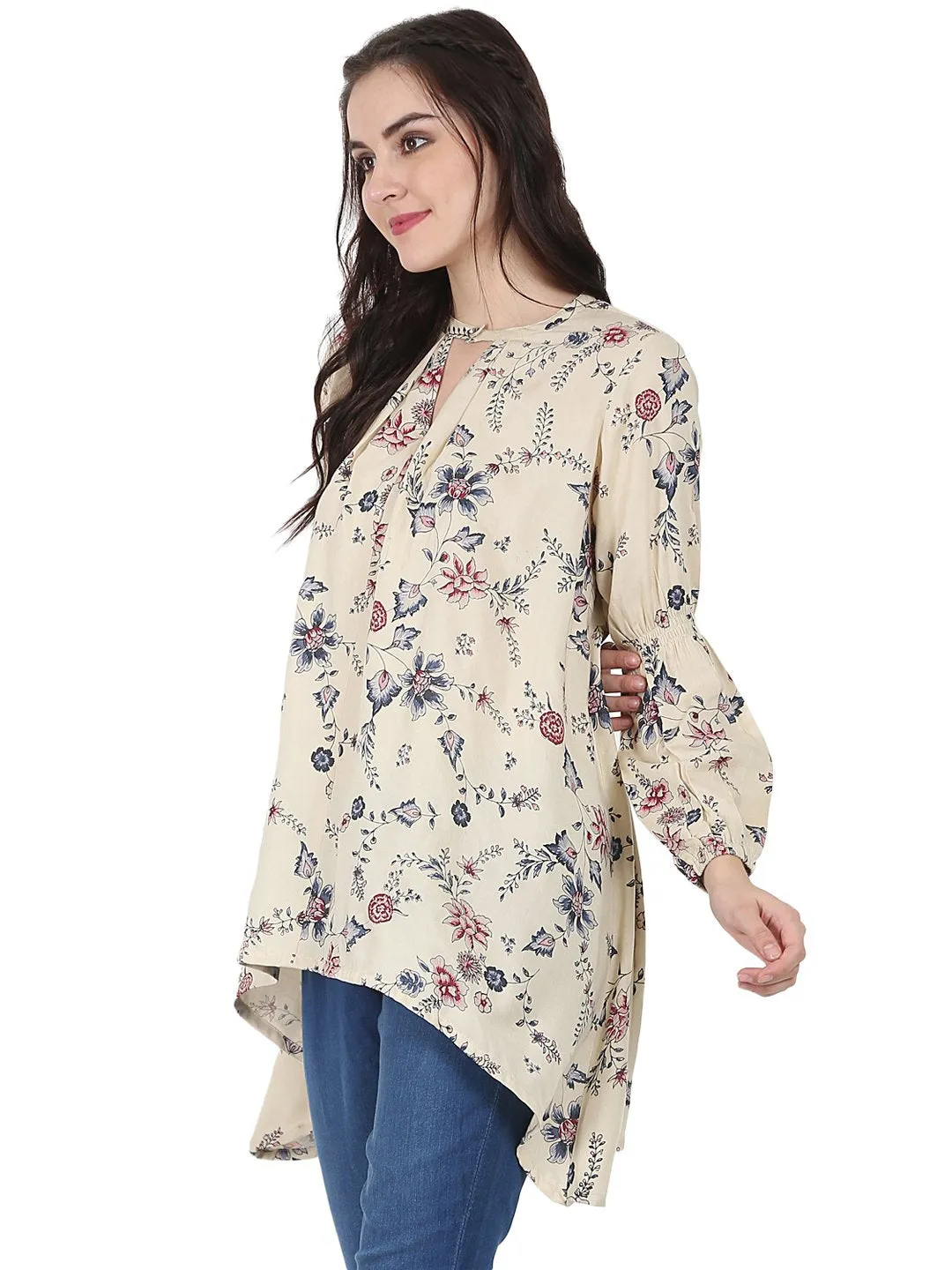 Beige Printed Full Sleeve Rayon Low High Tunic