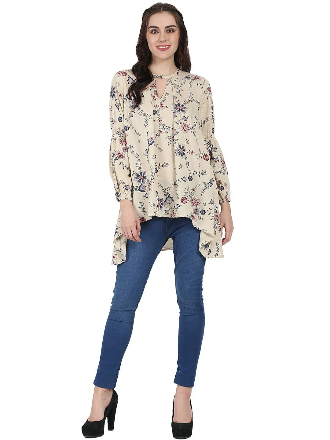 Beige Printed Full Sleeve Rayon Low High Tunic