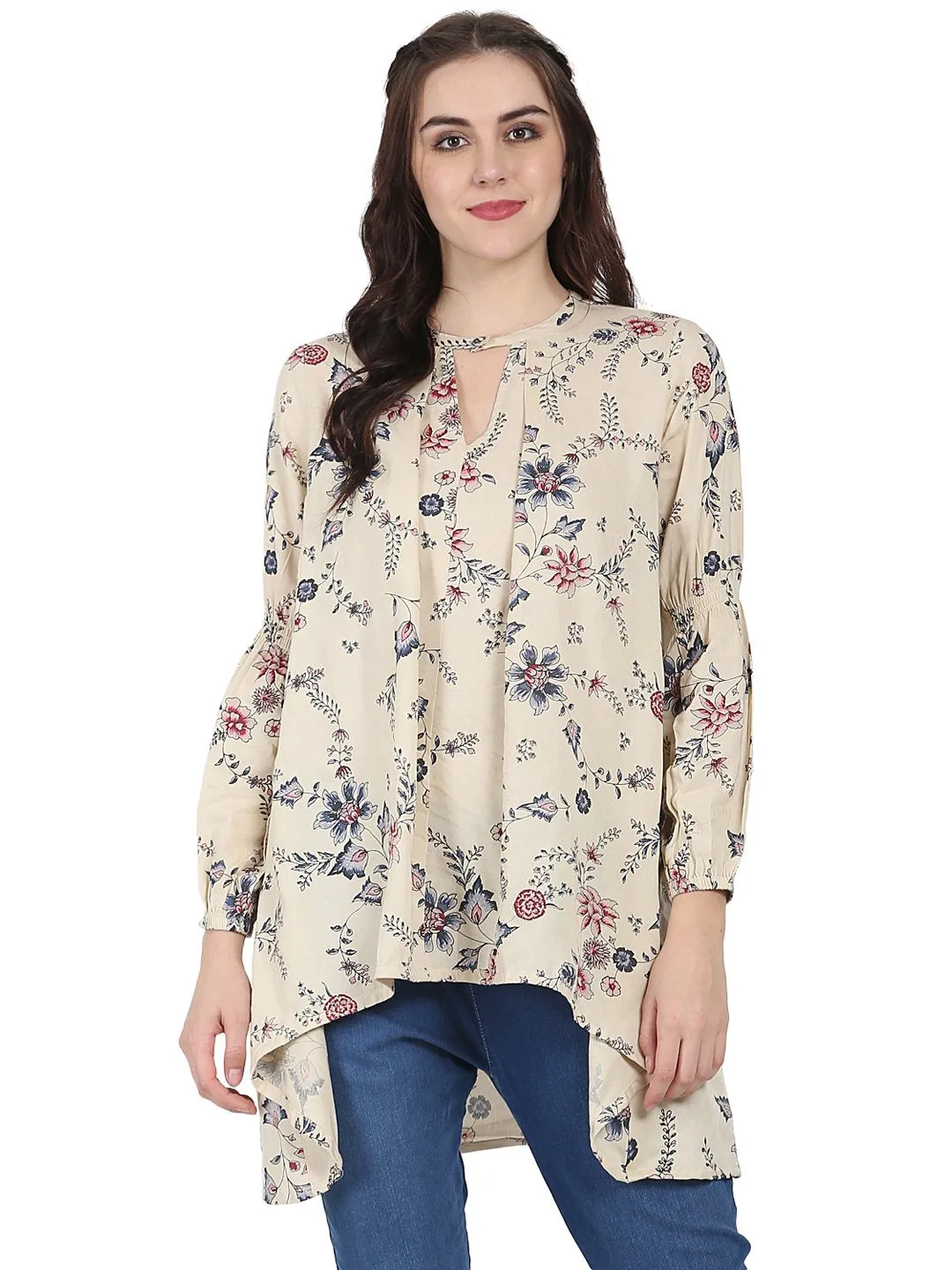 Beige Printed Full Sleeve Rayon Low High Tunic