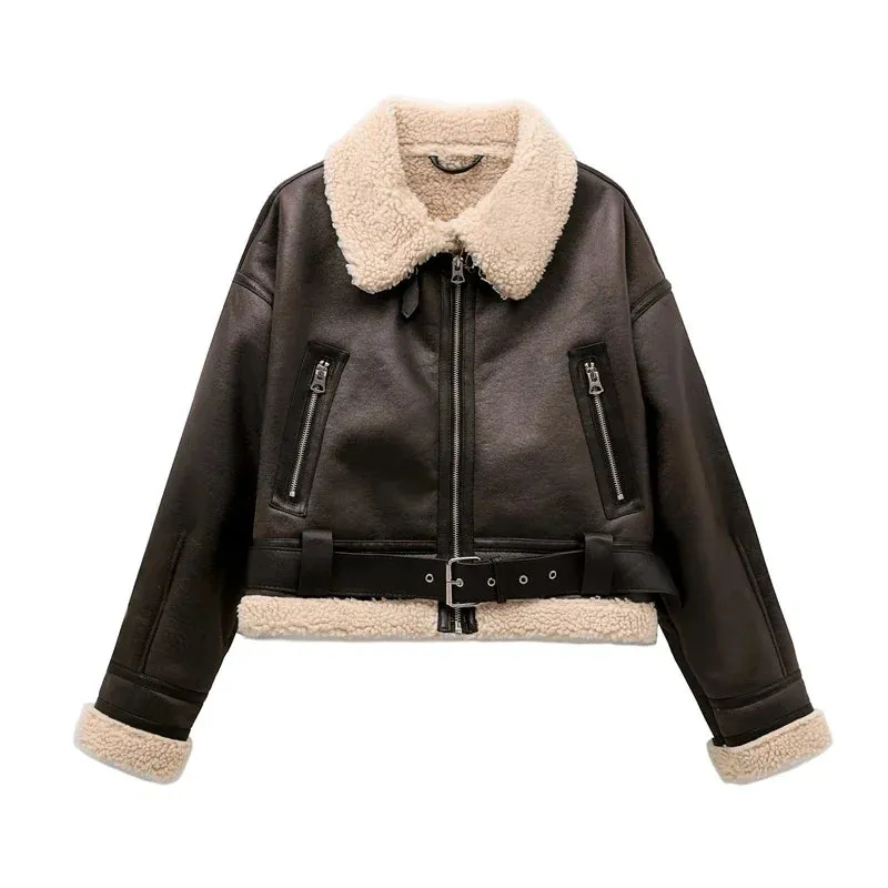 bell - double sided short fur jacket with belt