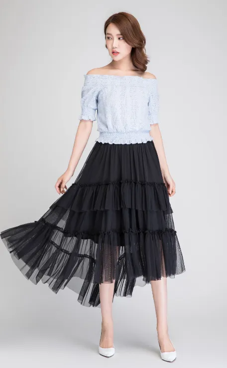 black skirt, dance skirt, tulle skirt, high low skirt, party skirt, boho skirt, summer skirt 1896#