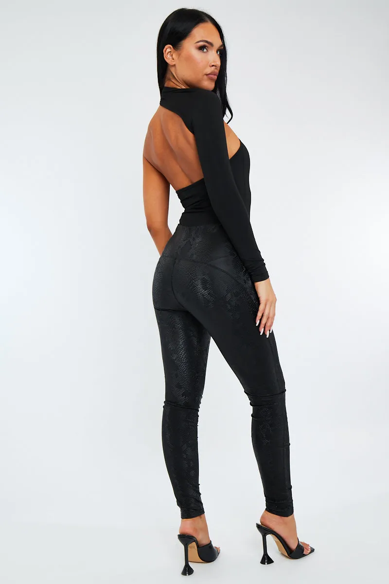 Black Snake Print PU Leather Leggings - Vala