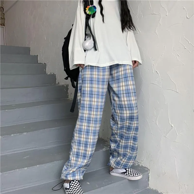 Blue Plaid Vintage Comfy High Waist Loose Pants