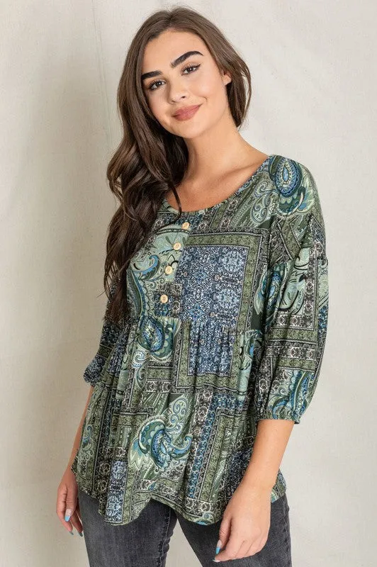 Button Accent Paisley Top