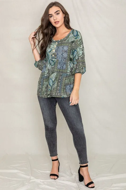 Button Accent Paisley Top