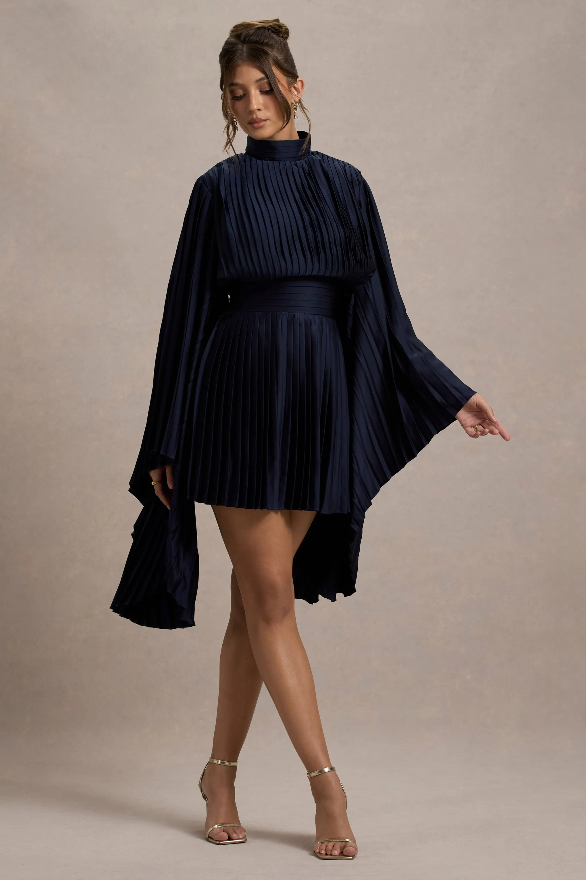 Charity | Navy Pleated High-Neck Mini Dress With Cape Sleeves