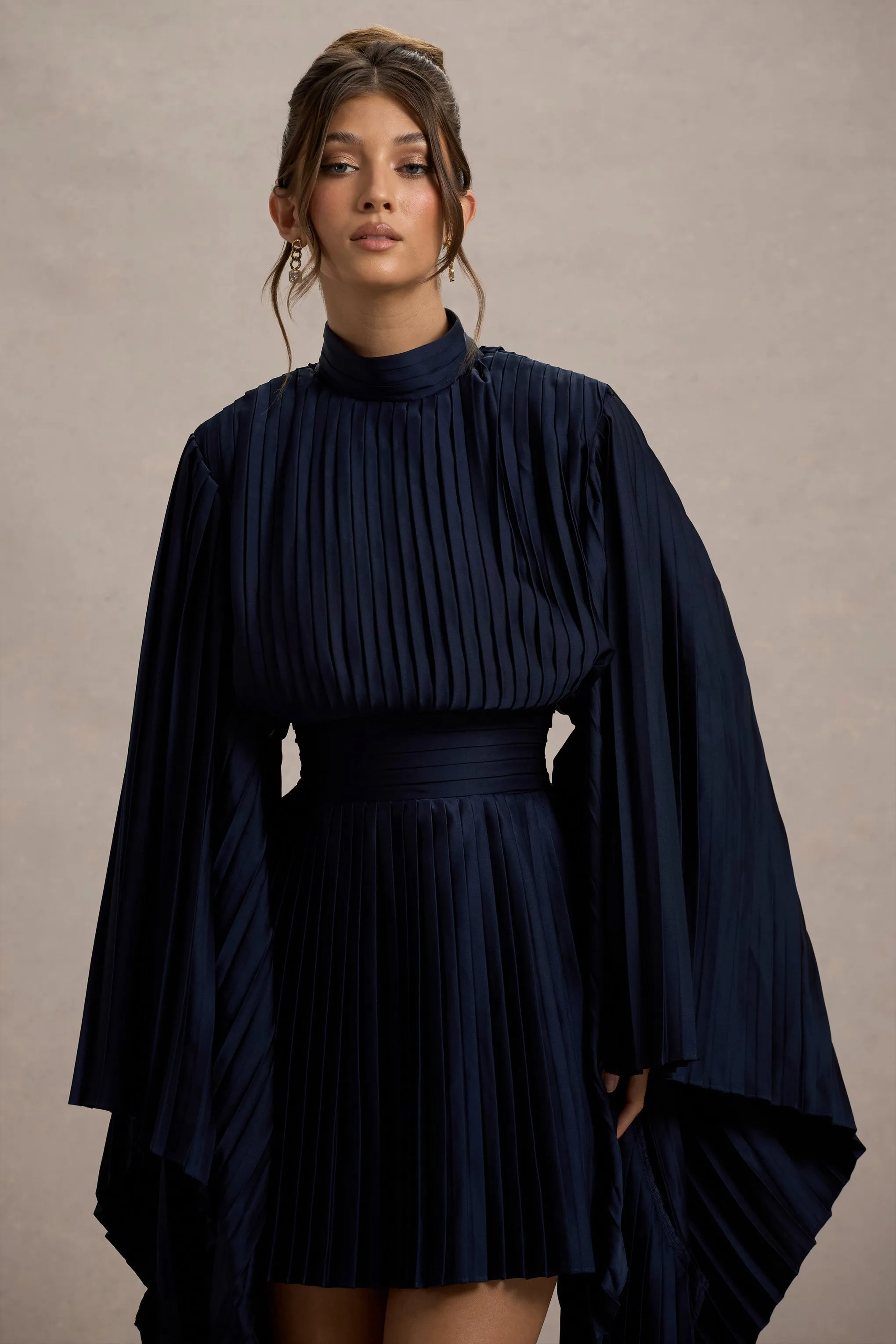 Charity | Navy Pleated High-Neck Mini Dress With Cape Sleeves