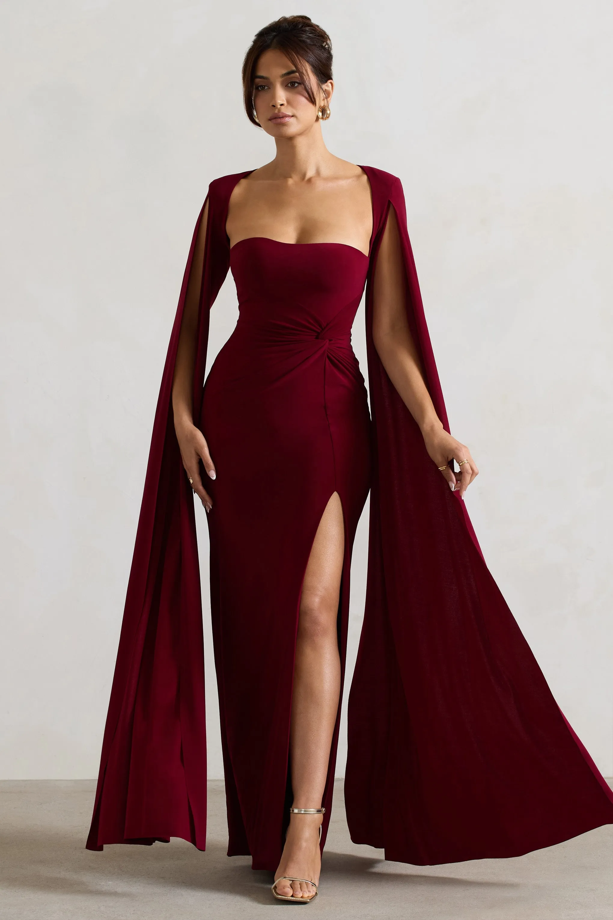 Claretta | Berry Square Neck Twisted Maxi Dress With Cape Sleeves