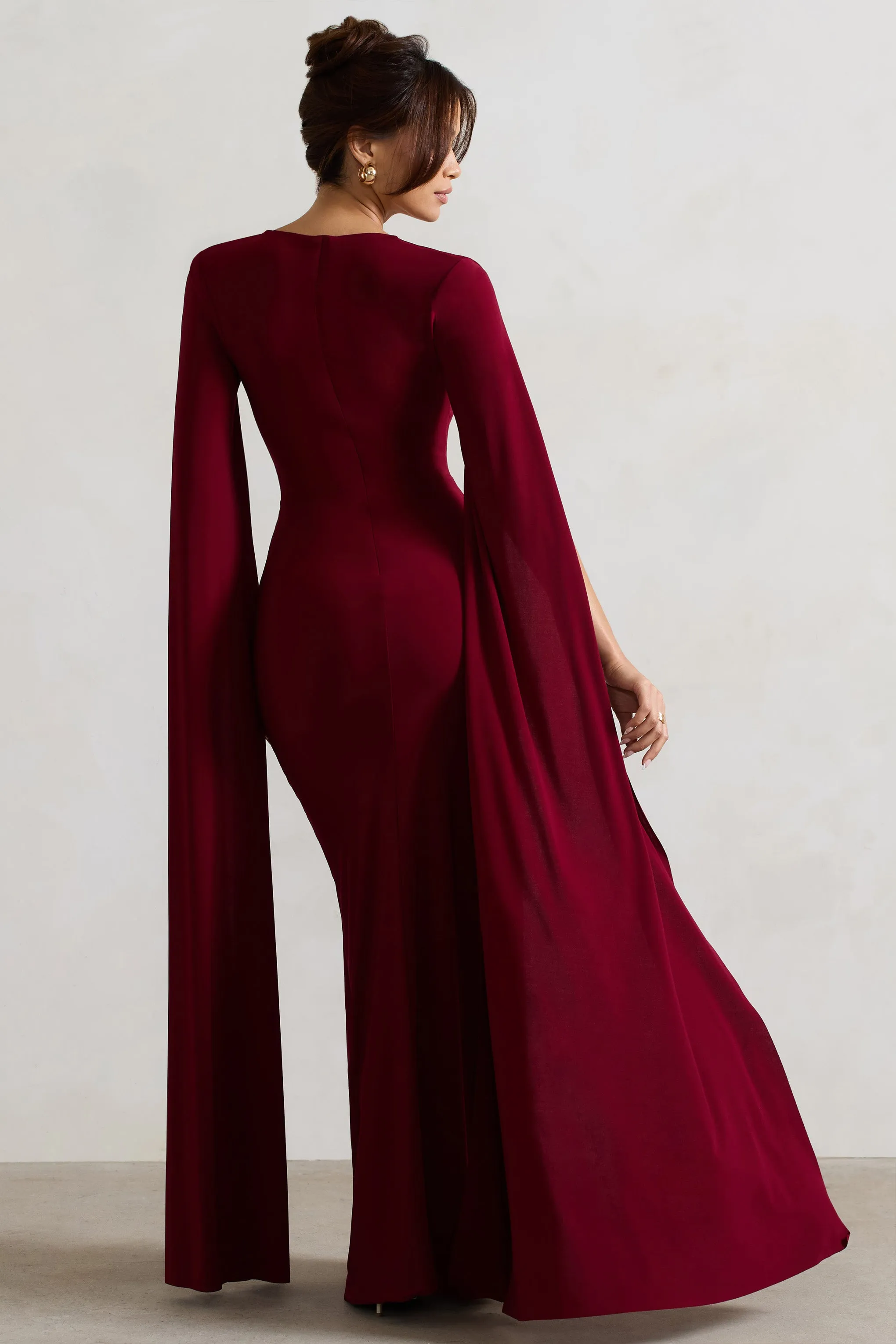 Claretta | Berry Square Neck Twisted Maxi Dress With Cape Sleeves