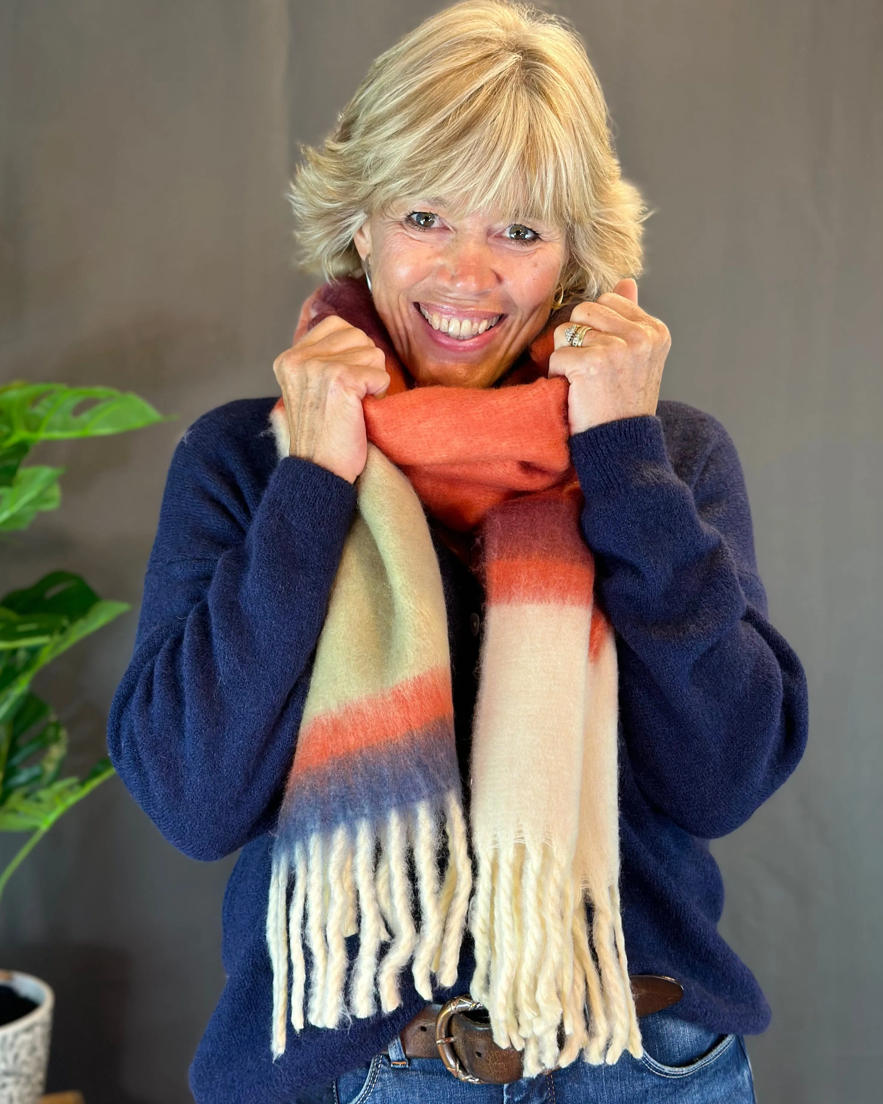 Cosy Winter Striped Scarf - Orange/Cream/Dusky Blue