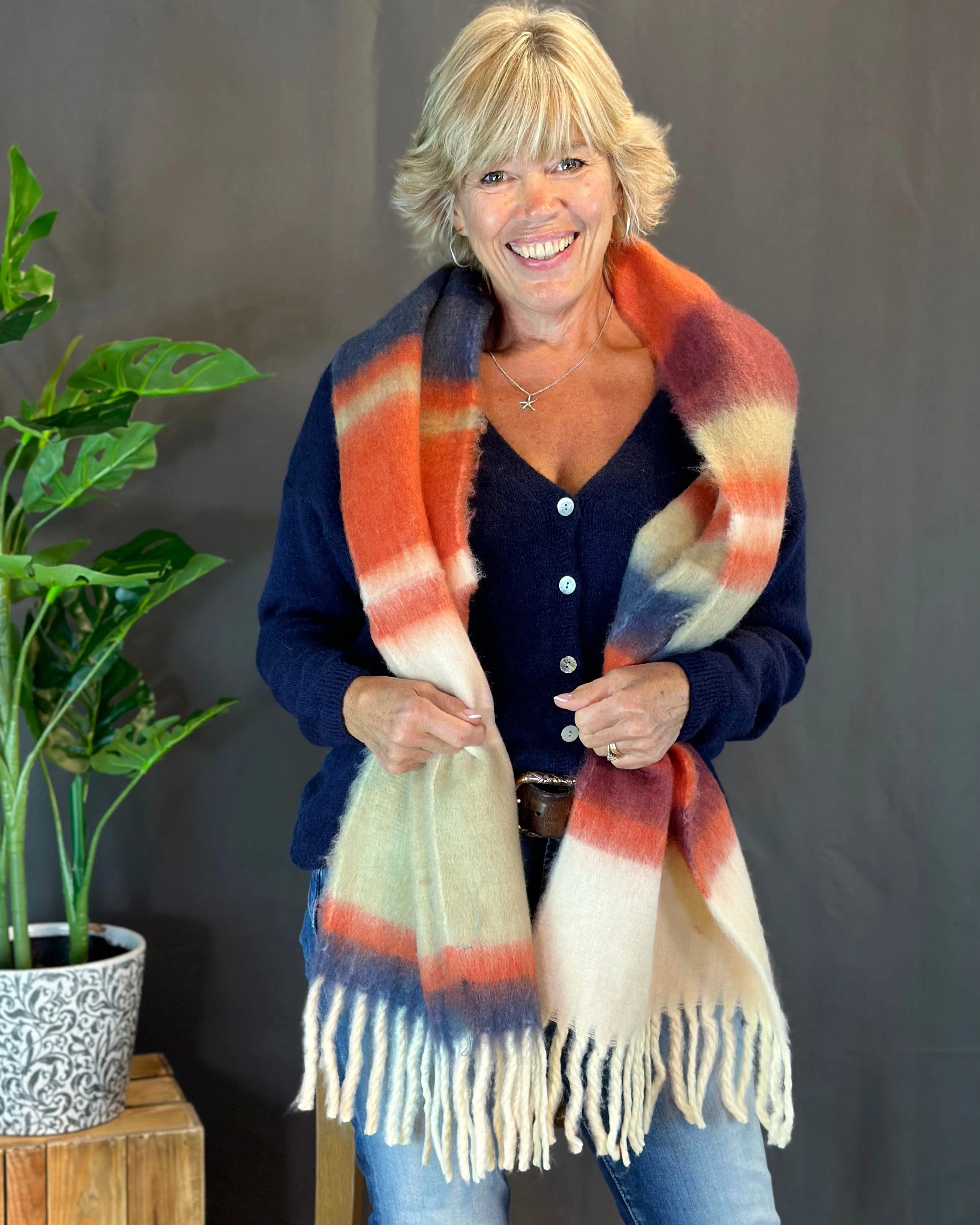 Cosy Winter Striped Scarf - Orange/Cream/Dusky Blue