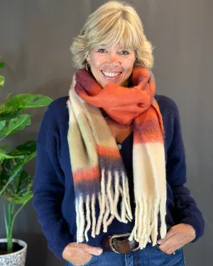 Cosy Winter Striped Scarf - Orange/Cream/Dusky Blue