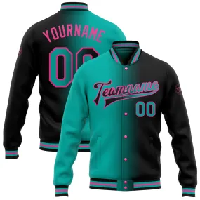 Custom Black Aqua-Pink Bomber Full-Snap Varsity Letterman Gradient Fashion Jacket