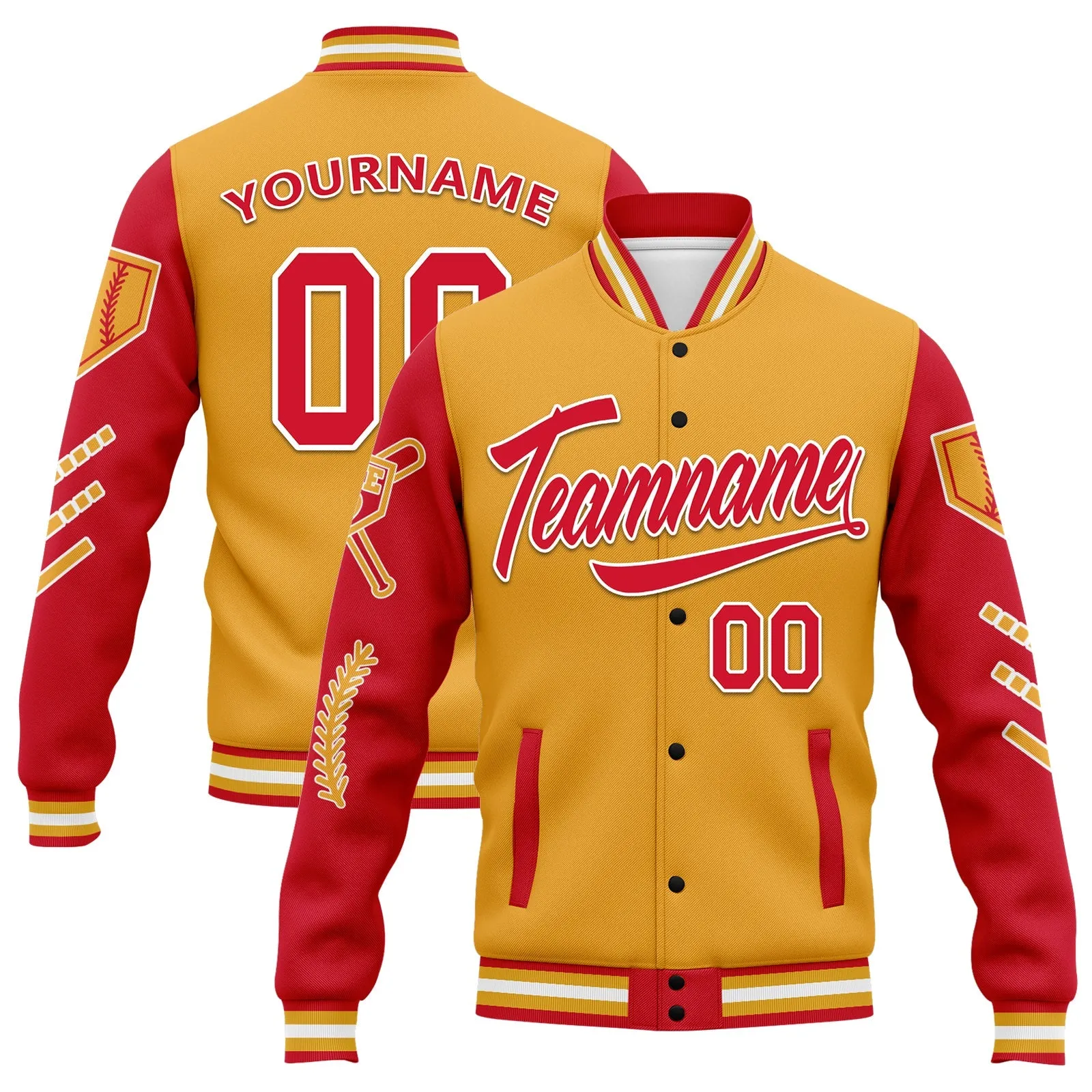 Custom Yellow Red Raglan Sleeves Jacket Bomber Full-Snap Varsity Letterman Personalized Jacket FZ005-D023002-6