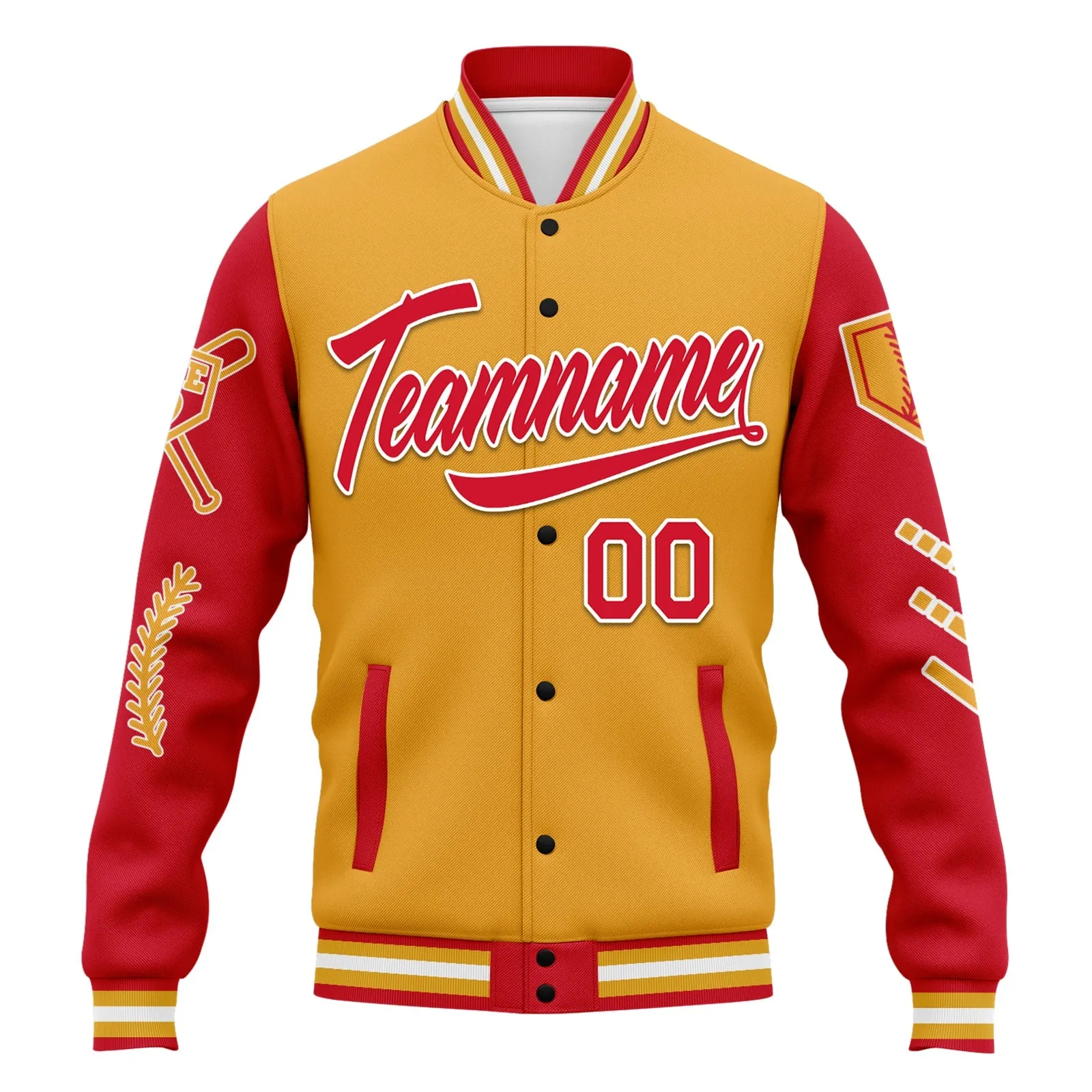 Custom Yellow Red Raglan Sleeves Jacket Bomber Full-Snap Varsity Letterman Personalized Jacket FZ005-D023002-6