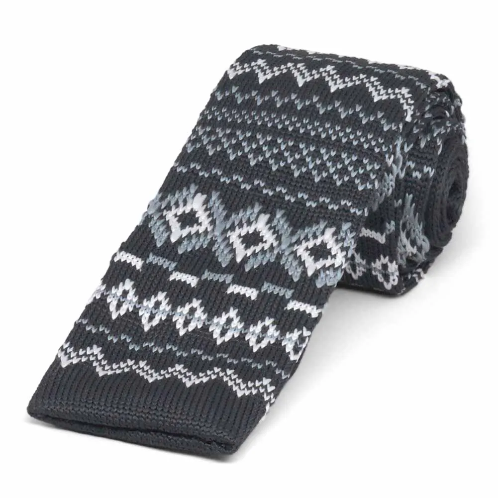 Dark Gray Fair Isle Knit Skinny Tie, 2.25" Width