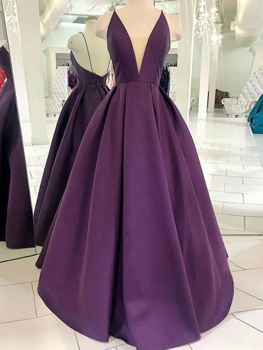 Deep V Neck Backless Purple Satin Long Prom, Backless Purple Formal, Purple Evening