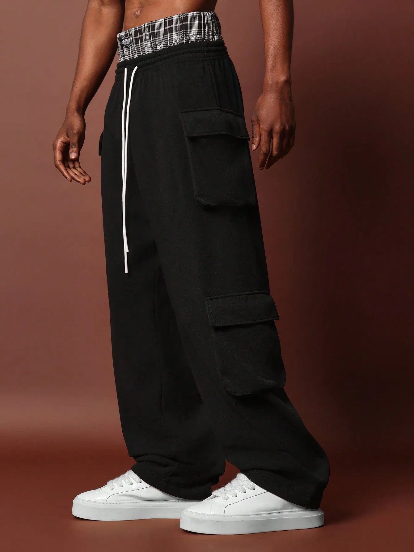 Drop Crotch Double Waistband Multi Pocket Cargo Sweatpants With Drawstrings