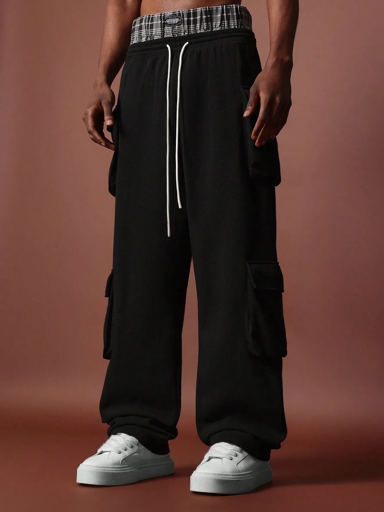 Drop Crotch Double Waistband Multi Pocket Cargo Sweatpants With Drawstrings