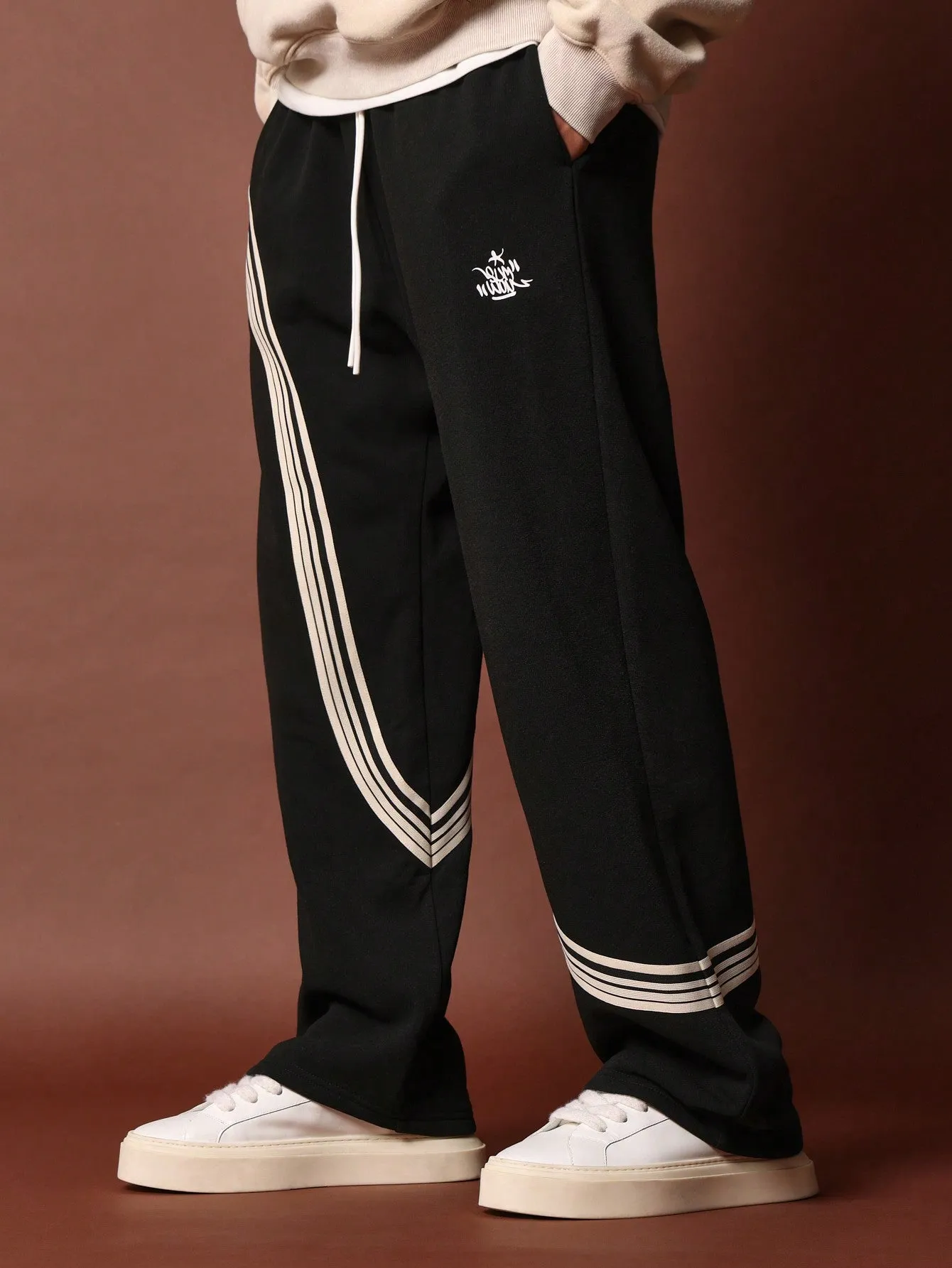 Drop Crotch Sweatpants With Curve Tape & Graphic Print