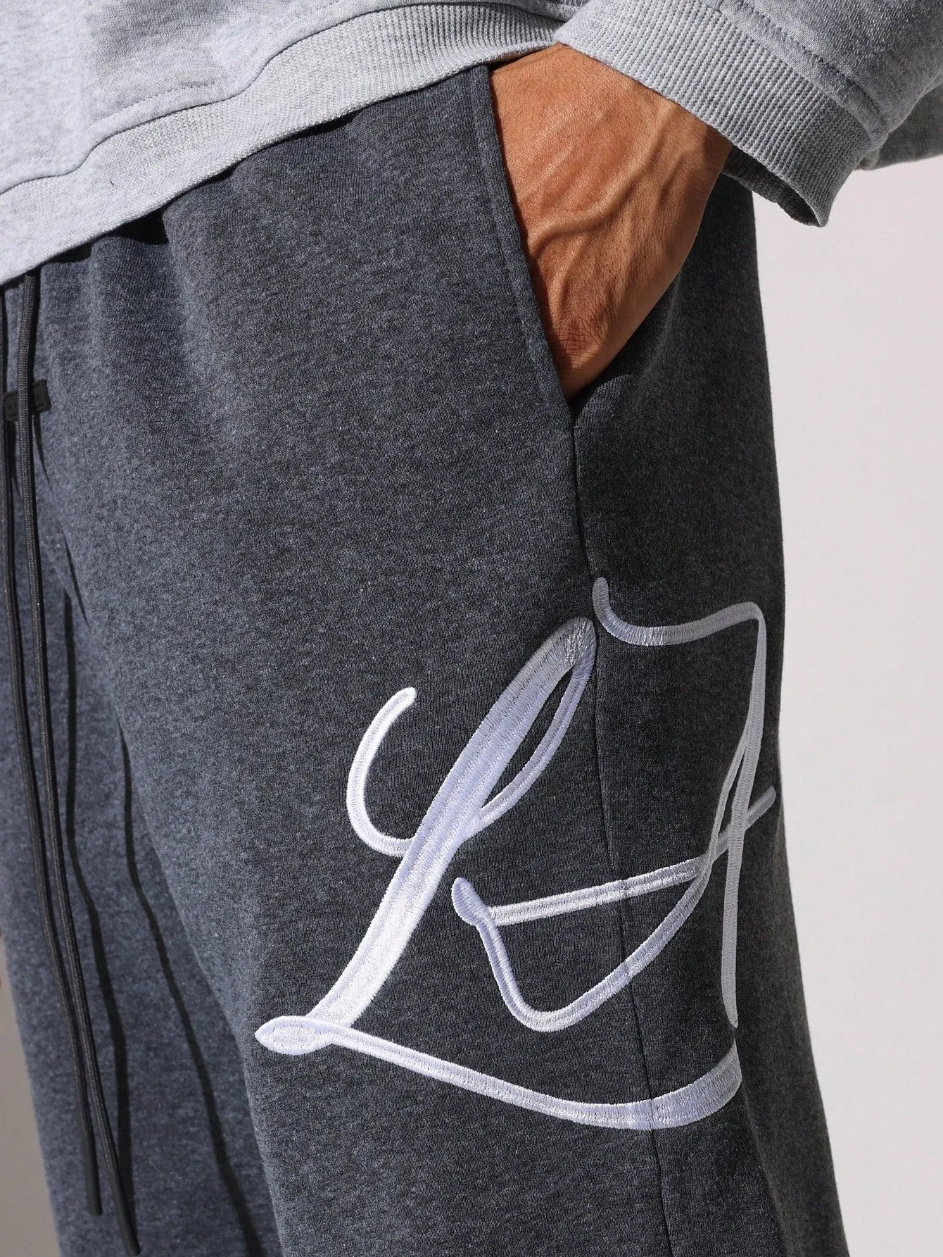 Drop Crotch Sweatpants With Drawstrings & Embroidery Pattern