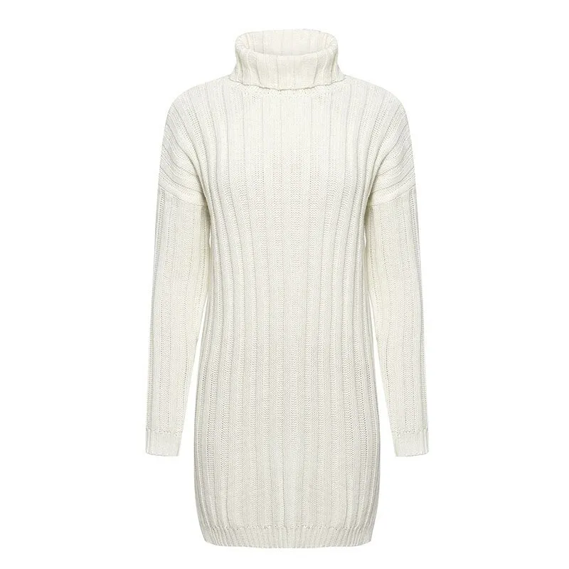 Elegant Knitted Turtle Neck White Sweater Sexy Holiday Solid Winter Teal Dress