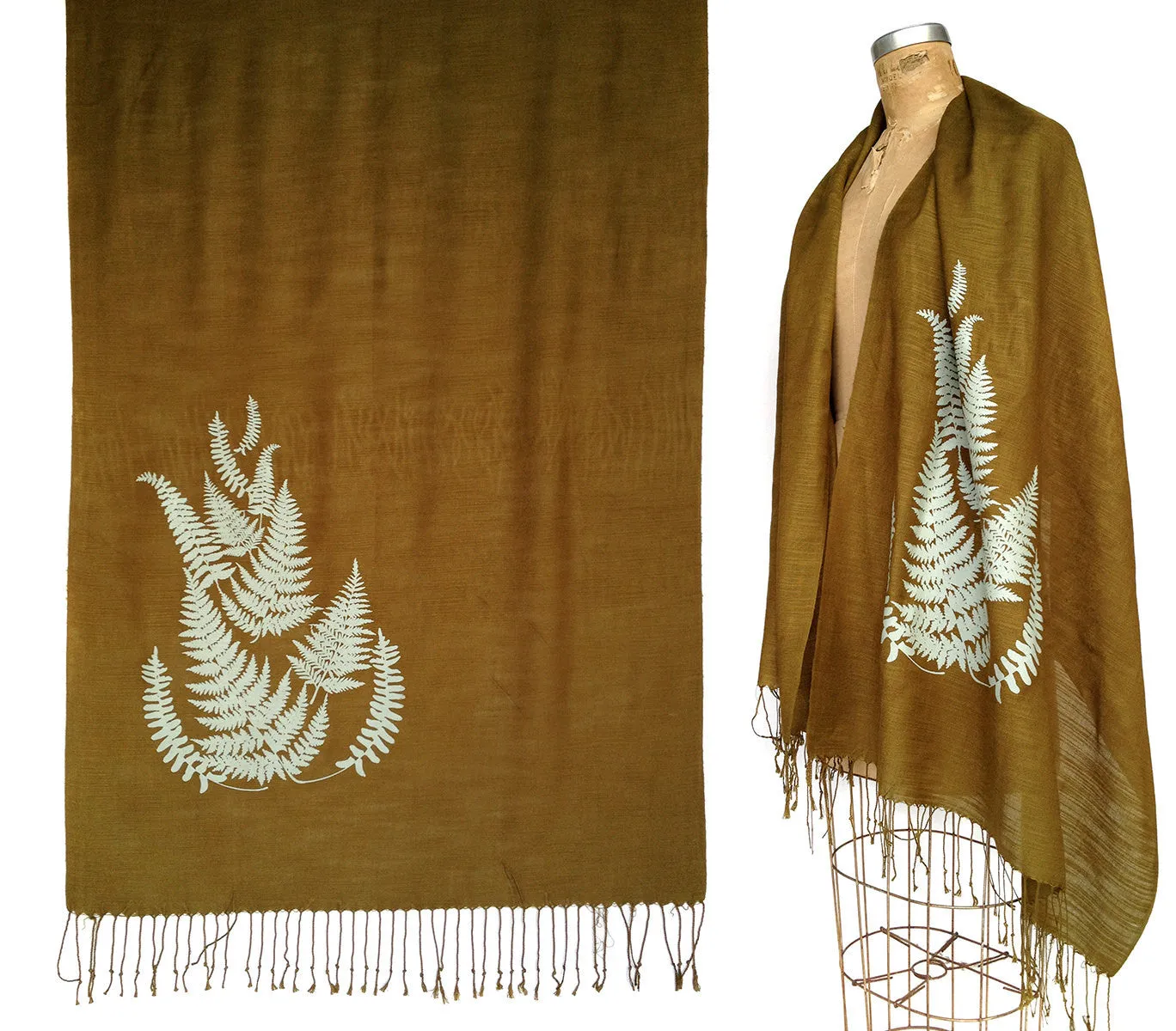 Fern Print Scarf, Linen Weave Pashmina