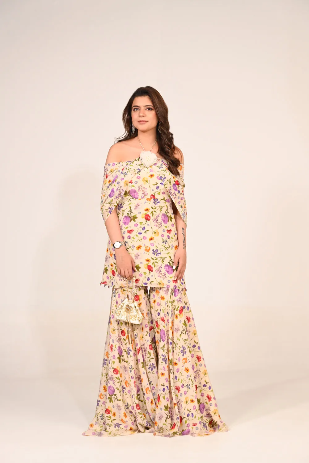 Floral Ruched Off Shoulder Sharara Set