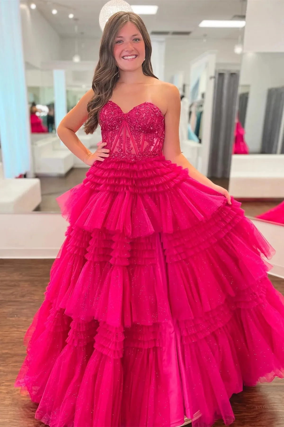 Fuchsia Multi-Layers Strapless Appliques A-line Tulle Long Prom Dress  PSK451