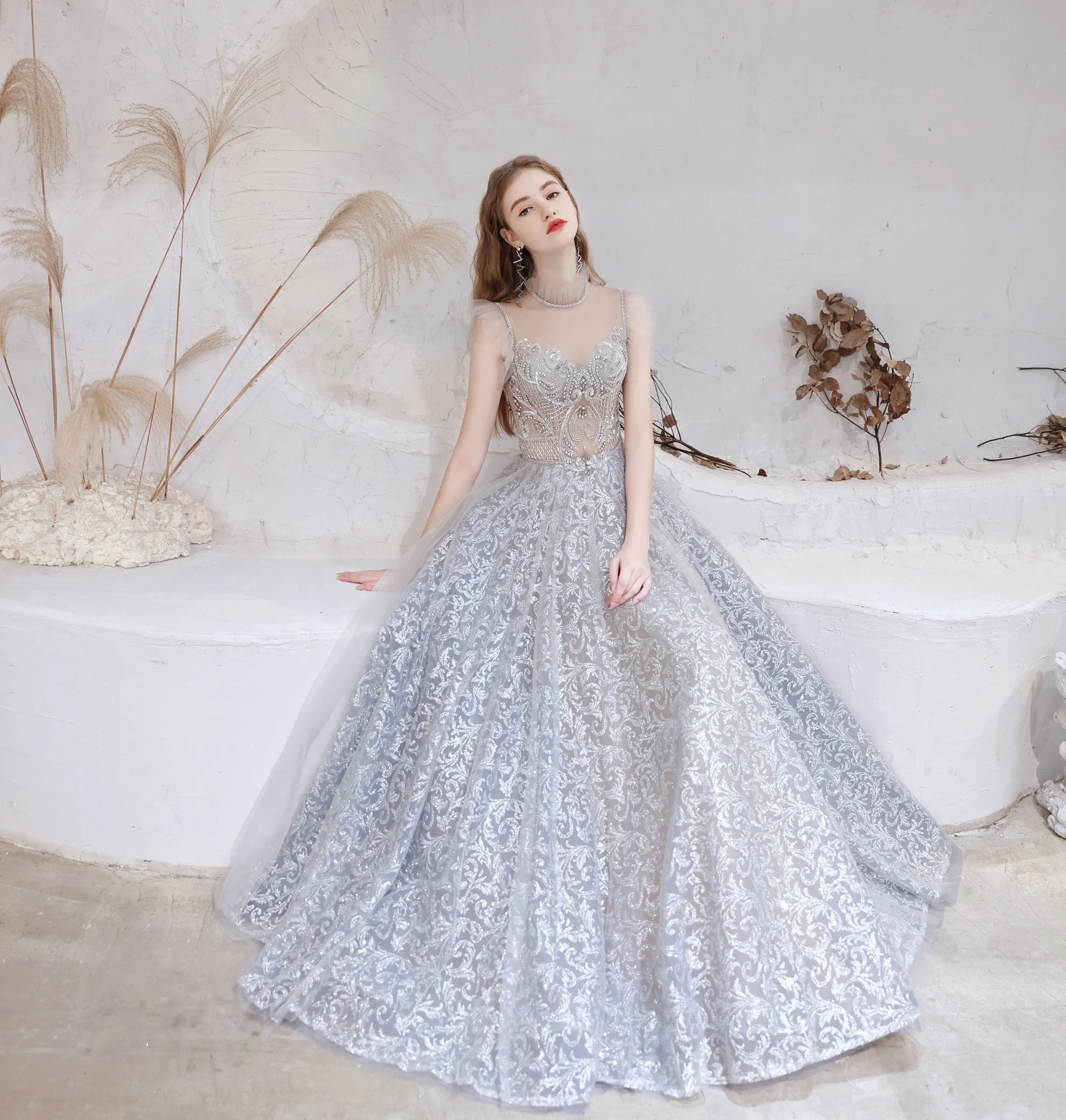 Gorgeous Beading High Neck Tulle Evening Dress, With Cape Sleeves