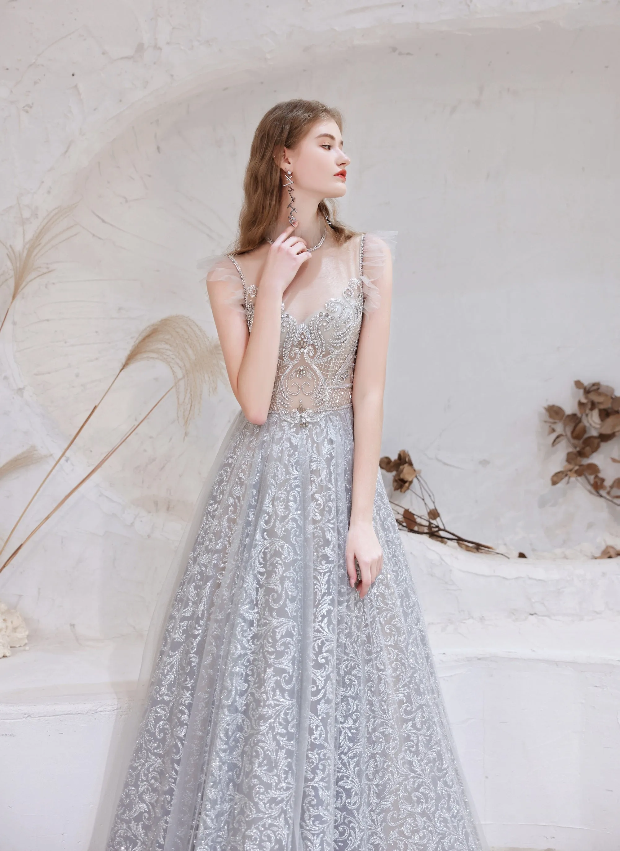 Gorgeous Beading High Neck Tulle Evening Dress, With Cape Sleeves